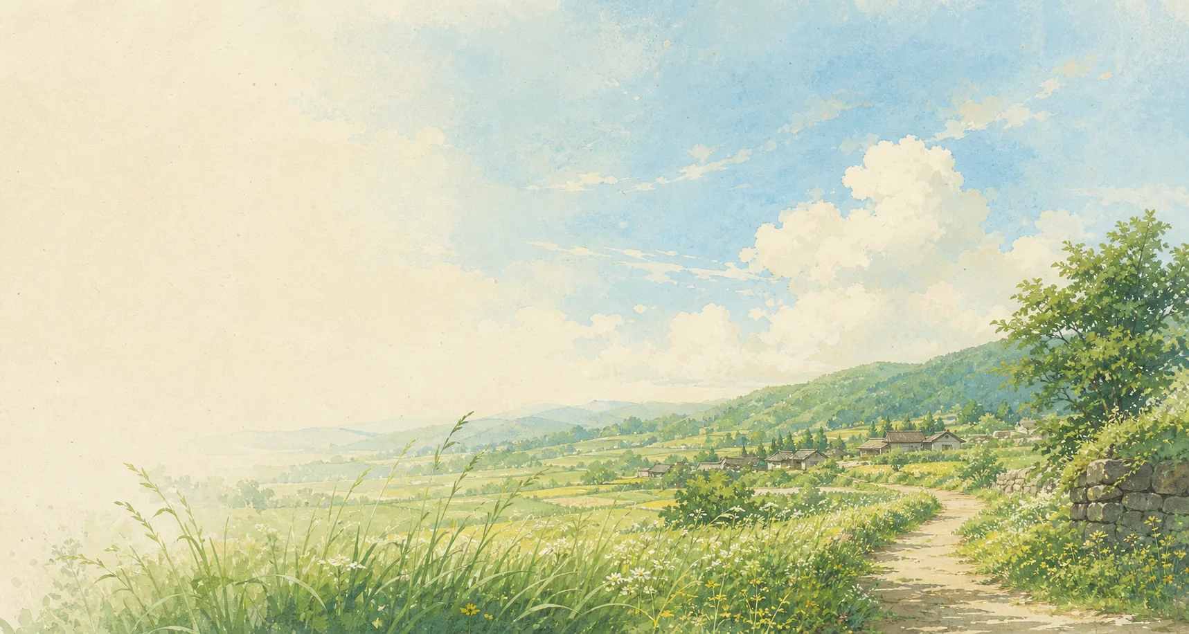 A hand-painted summer countryside with green fields, a winding path, and a bright blue sky.